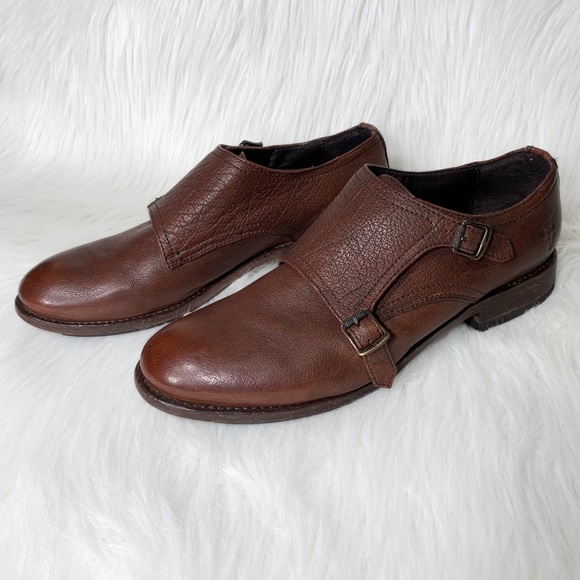 SOLD-Frye Leather Womens Buckled Oxford Flats, Menswear-Inspired Cognac Loafer - Picture 8 of 13